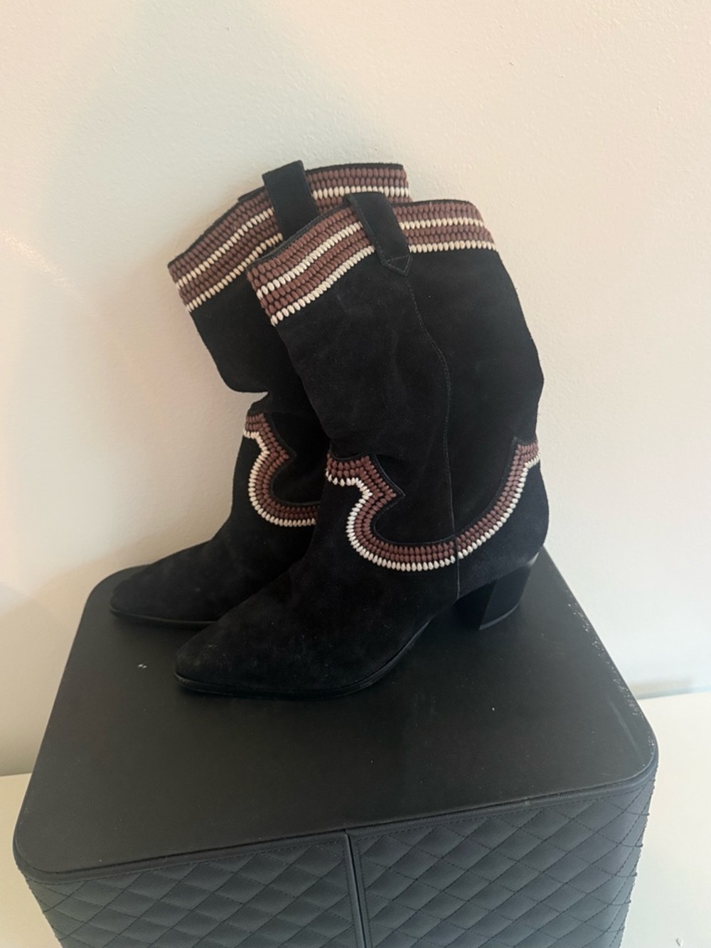 Bernardo Black Suede Western Ankle Boots with Brown & Cream Trim